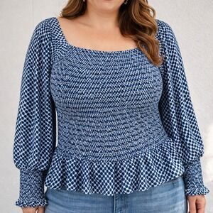 Worthington Blue White Polka Dot Smocked Square‎ Neck Peplum Blouse Top XXL